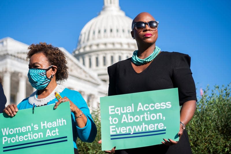UNITED STATES - SEPTEMBER 24: Rep. Ayanna Pressley, D-Mass., right, and Rep. Barbara Lee, D-Calif., conduct a news conference on the Women's Health Protection Act outside of the U.S. Capitol on Friday, September 24, 2021