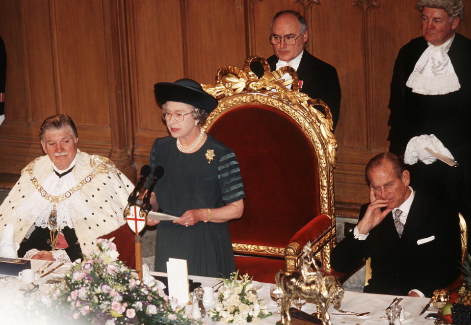 LONDON:  Queen Elizabeth II makes a speech at Guildhall on her 40th Anniversary in 1992 - the 