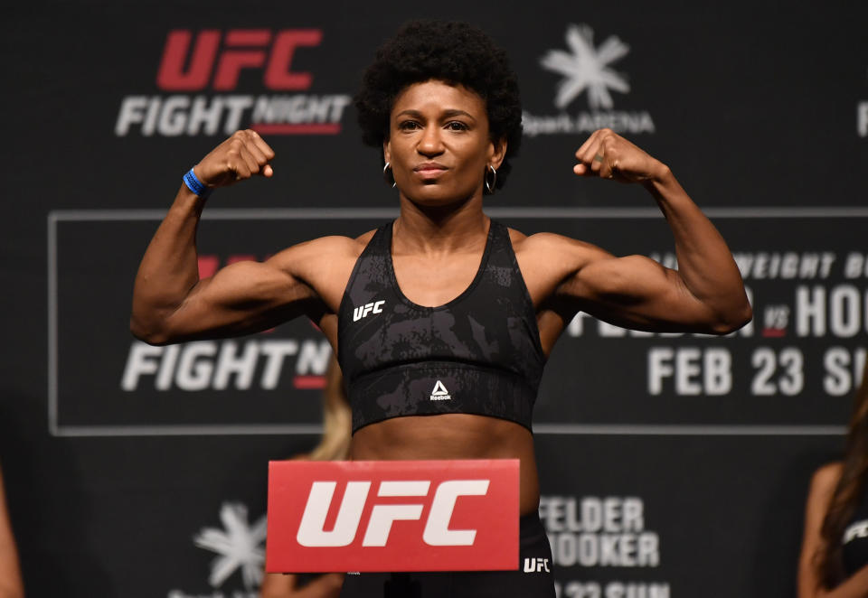 AUCKLAND, NEW ZEALAND - FEBRUARY 22: Angela Hill poses on the scale during the UFC weigh-in at Spark Arena on February 22, 2020 in Auckland, New Zealand. (Photo by Jeff Bottari/Zuffa LLC via Getty Images)