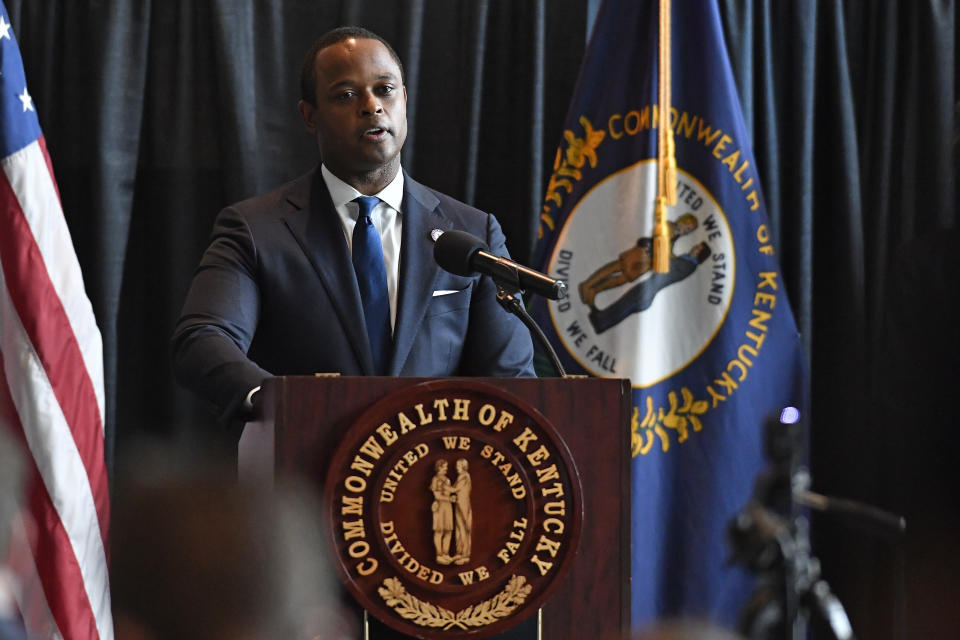 Kentucky Attorney General Daniel Cameron addresses the media following the return of a grand jury investigation into the death of Breonna Taylor, Sept. 23. (Timothy D. Easley/AP)