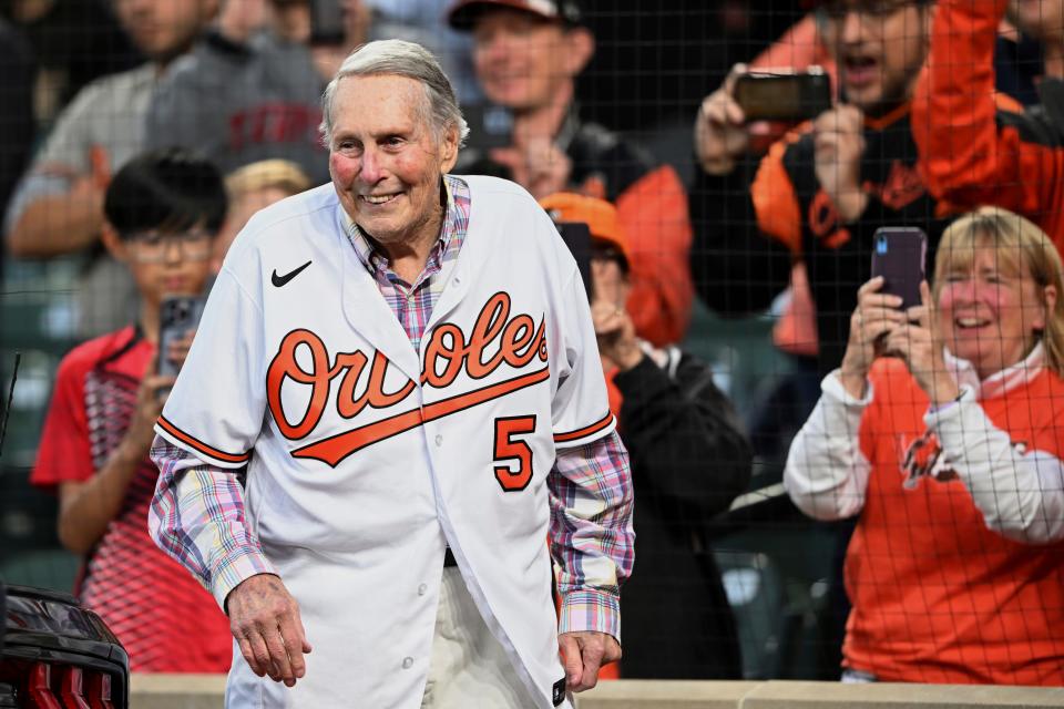 Former Baltimore Orioles third baseman Brooks Robinson is honored during a ceremony for the Hall of Famer before the Houston Astros and Baltimore Orioles baseball game, Saturday, Sept. 24, 2022, in Baltimore.