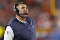 Tennessee Titans head coach Mike Vrabel watches from the sidelines during the first half of an NFL football game against the Kansas City Chiefs Sunday, Nov. 6, 2022, in Kansas City, Mo. (AP Photo/Charlie Riedel)