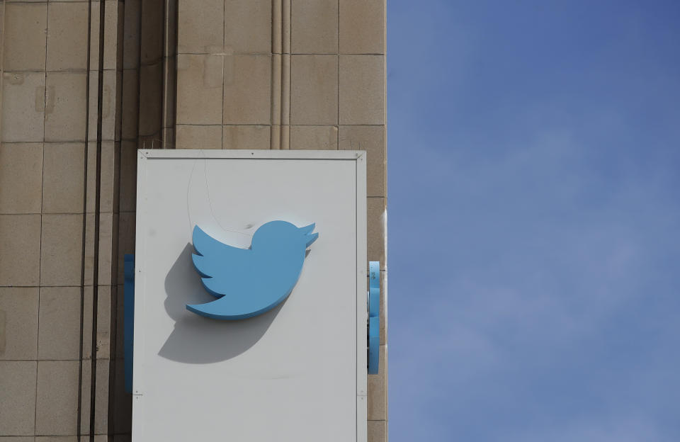 FILE - This July 9, 2019, file photo shows a sign outside of the Twitter office building in San Francisco. Social media platforms are facing intense, often contradictory demands from Washington to oversee internet content without infringing on First Amendment rights. (AP Photo/Jeff Chiu, File)