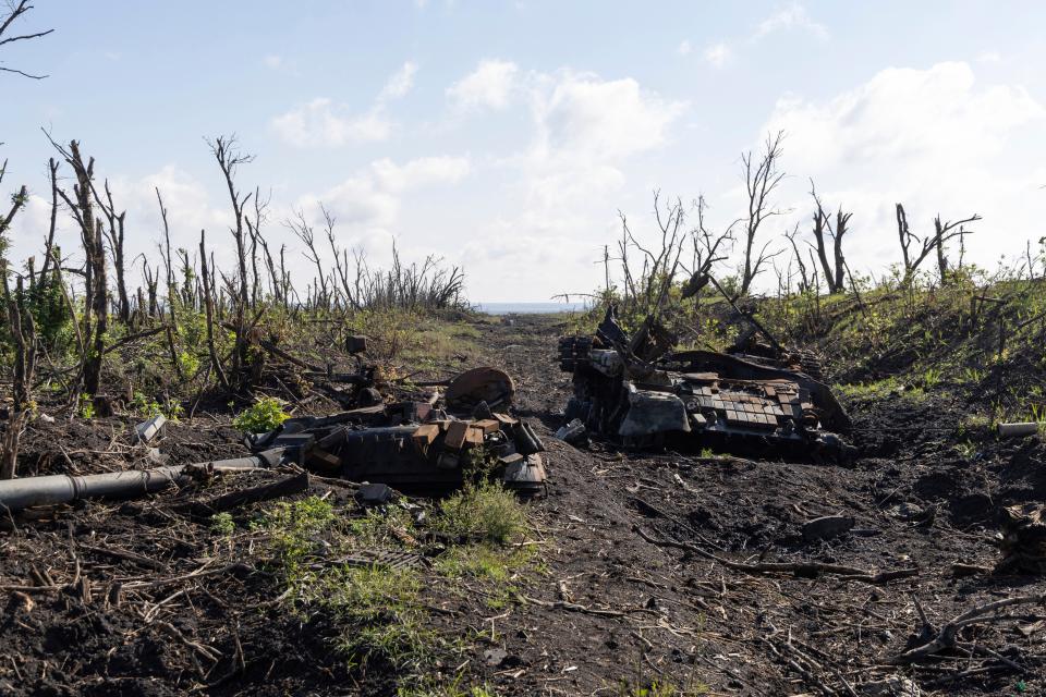 File photo: The gutted remains of a destroyed Russian tank lies at the frontline a few kilometers from Andriivka (AP)