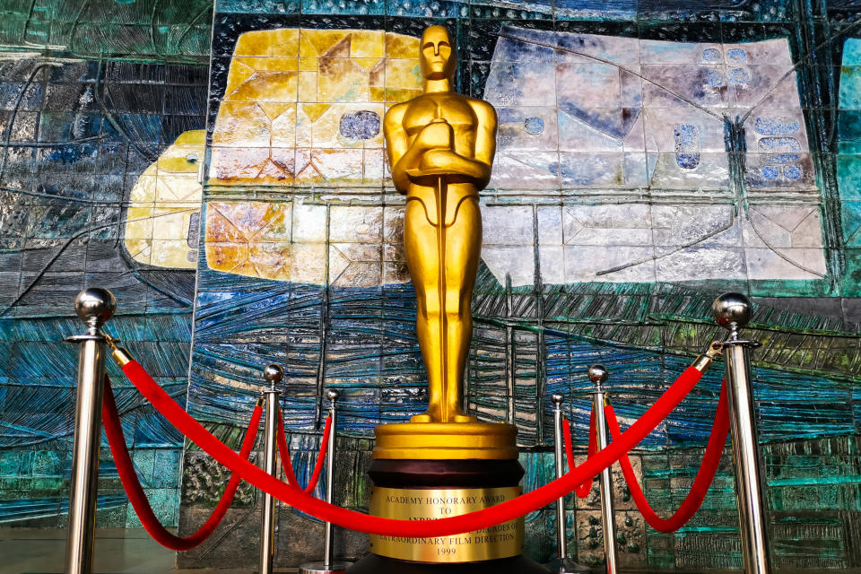 The Academy Award statuette giant replica is seen in Kino Kijow cinema a day before the 94th Oscars ceremony will take place in the Dolby Theatre in Hollywood, Los Angeles, California in the United states of America. Krakow, Poland on March 26, 2022. (Photo by Beata Zawrzel/NurPhoto via Getty Images)