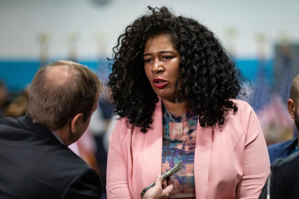 MIGOP chair Kristina Karamo speaks to reporters before former President Donald Trump speaks at Drake Enterprise in Clinton Township on Wednesday, Sept. 27, 2023.