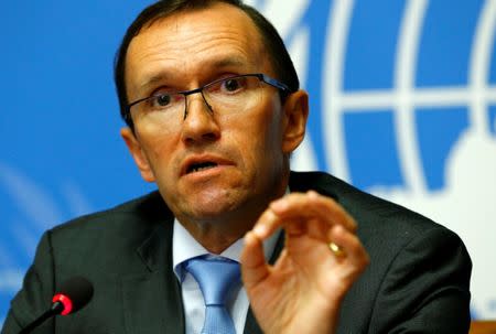 United Nations Special Advisor on Cyprus Espen Barth Eide attends a news conference one day before peace talks on divided Cyprus are to resume in Crans-Montana, in Geneva, Switzerland June 27, 2017. REUTERS/Denis Balibouse