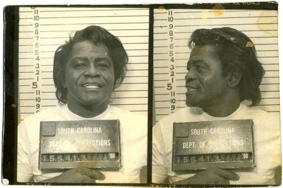 Front and profile views of James Brown's mugshot with an identification placard