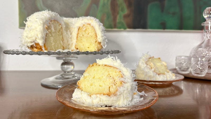 Tom Cruise Coconut Cake sliced on plate