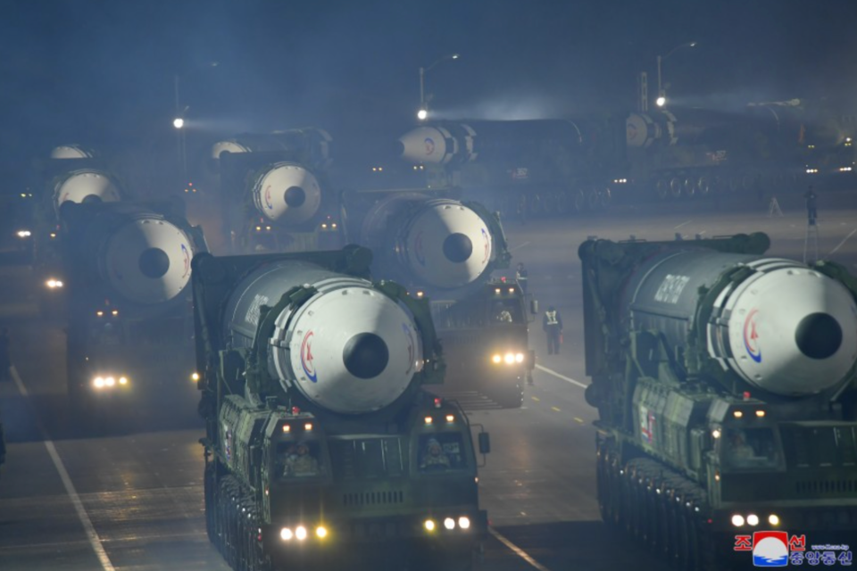 Multiple examples of the Hwasong-17 ICBM roll through Pyongyang. At least 10 are visible in this parade from early 2023. <em>KCNA</em>