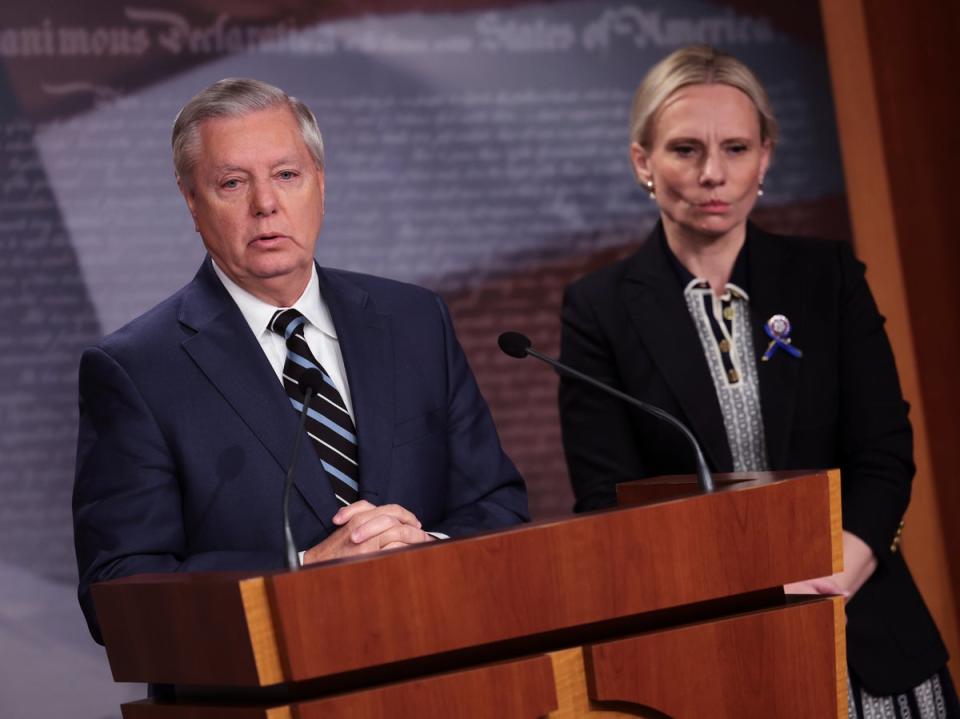 U.S. Sen. Lindsey Graham (R-SC) and Ukrainian-American Rep. Victoria Spartz (R-IN) speak to reporters on Russia's invasion of Ukraine at the U.S. Capitol on March 02, 2022 in Washington, DC (Getty Images)