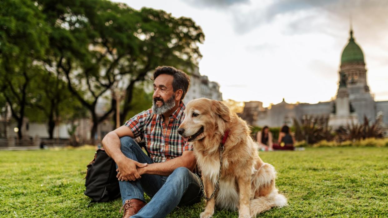  Man sitting with dog on the grass. 
