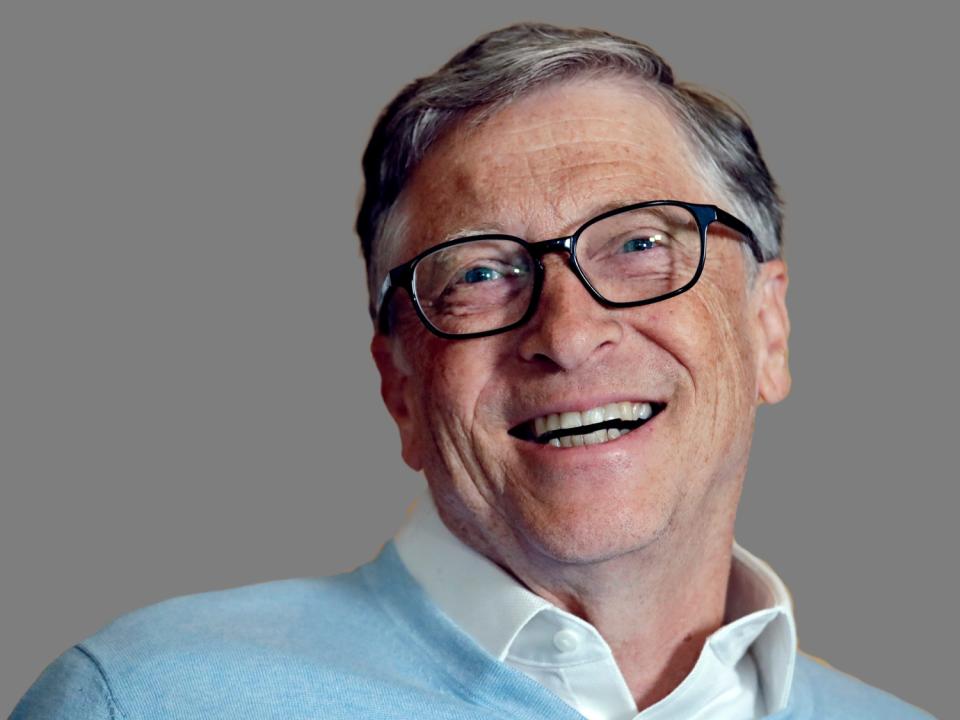 Bill Gates headshot, philanthropist and co-founder of Microsoft, graphic element on gray