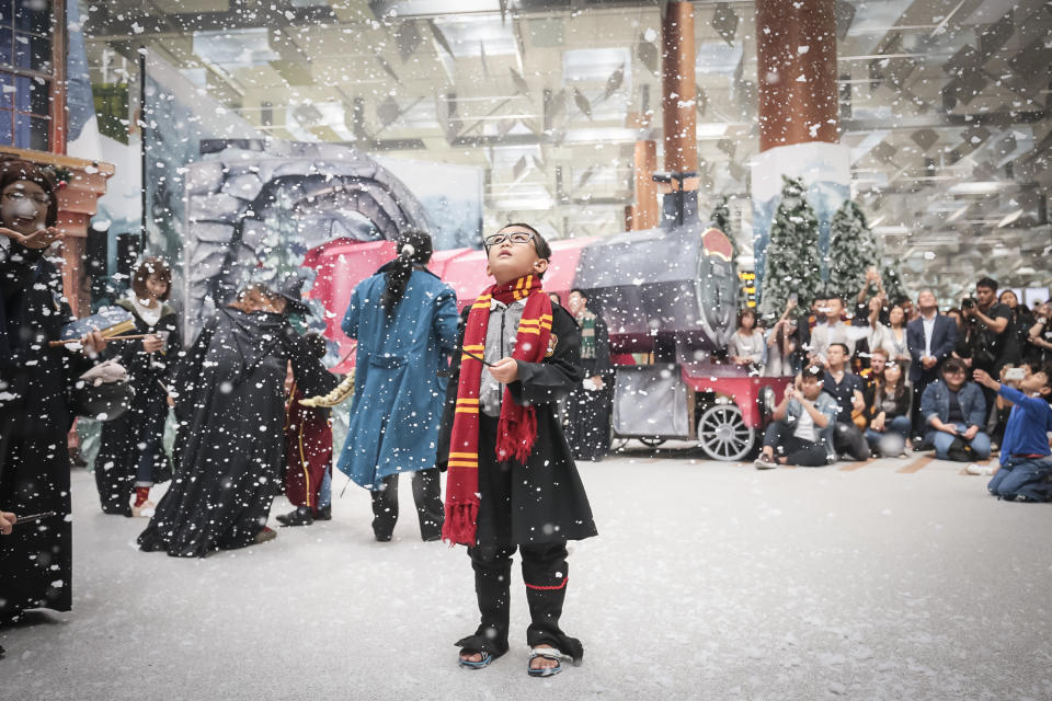 <p>Sitting on the Equator, Singapore is famously hot and humid year round. But at Changi, young fans are enthralled by the snow at a wintry Hogsmeade Village-inspired setup at Terminal 3 Departure Hall. Picture: Supplied, Changi Airport. </p>