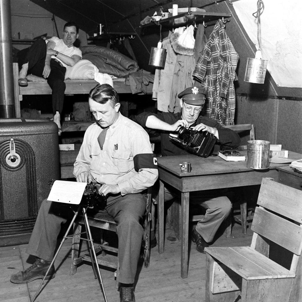 Inside the "Press Club" on Adak Island, Aleutian Campaign, Alaska, 1943.