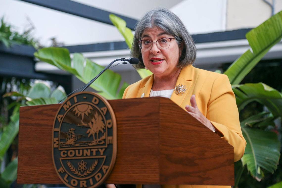 Miami-Dade County Mayor Daniella Levine Cava pardons Holly and Jolly, the pigs, during the fifth annual Pig Pardoning Ceremony at Latin Café 2000 Brickell in Miami, Florida, Wednesday, Dec. 21, 2022.