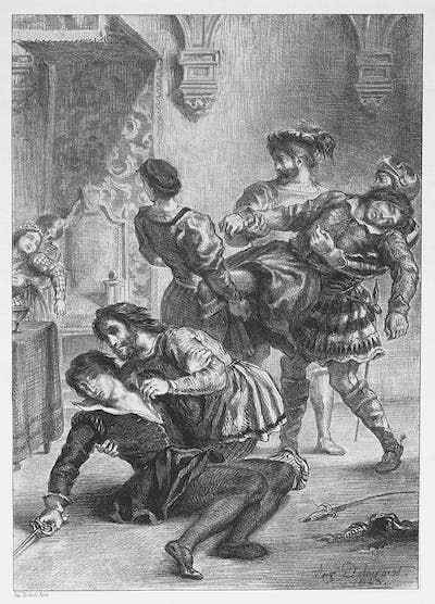 Ilustración de Eugène Delacroix de la muerte de Hamlet. <a href="https://commons.wikimedia.org/wiki/File:Eug%C3%A8ne_Delacroix_-_Hamlet-_The_Death_of_Hamlet_-_1941.215.16_-_Cleveland_Museum_of_Art.jpg" rel="nofollow noopener" target="_blank" data-ylk="slk:Cleveland Museum of Art/Wikimedia Commons;elm:context_link;itc:0;sec:content-canvas" class="link ">Cleveland Museum of Art/Wikimedia Commons</a>