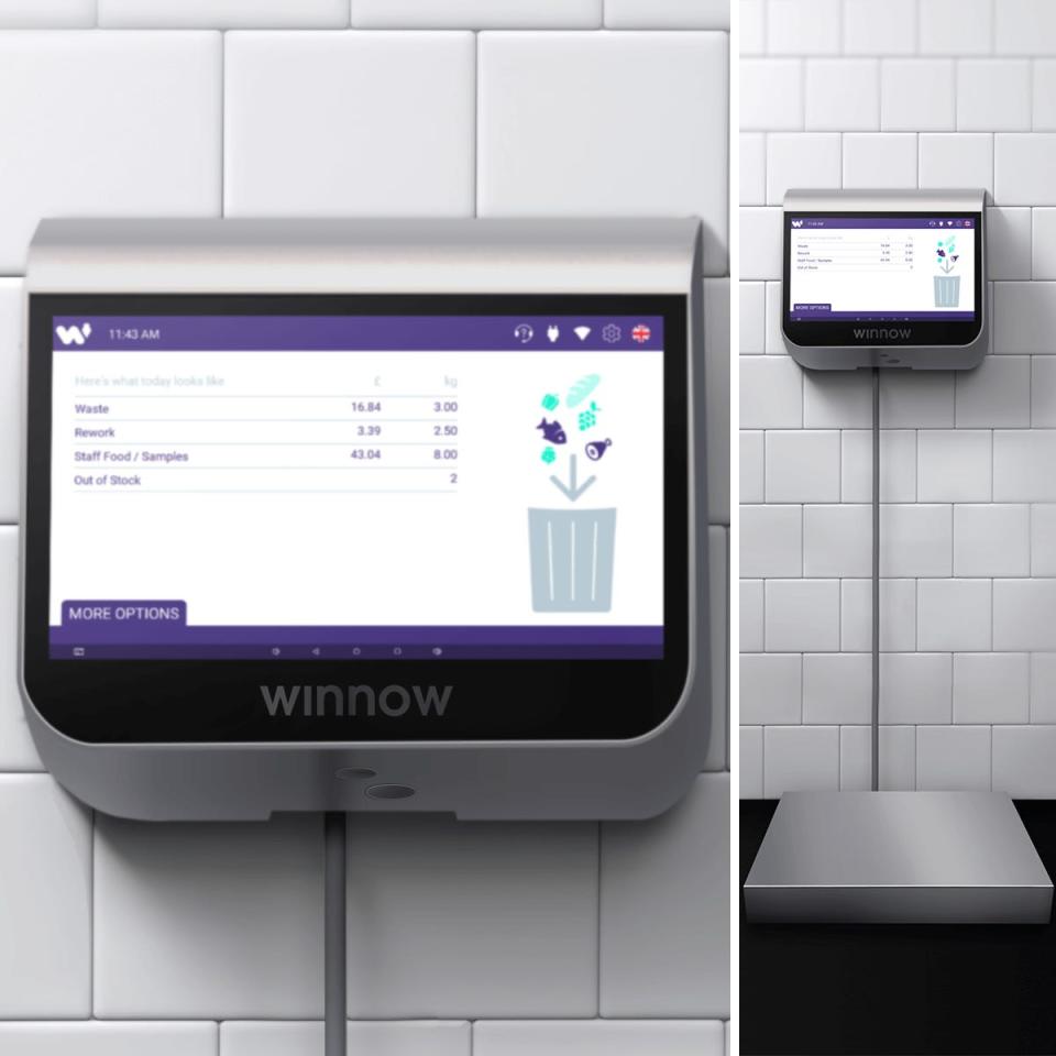 Photos showing a display screen and a scale provided by the AI company Winnow for tracking food waste