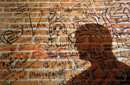 A man's shadow is reflected on the wall with scribbles from visitors at the escape room games TRAP in Budapest August 1, 2014. REUTERS/Laszlo Balogh