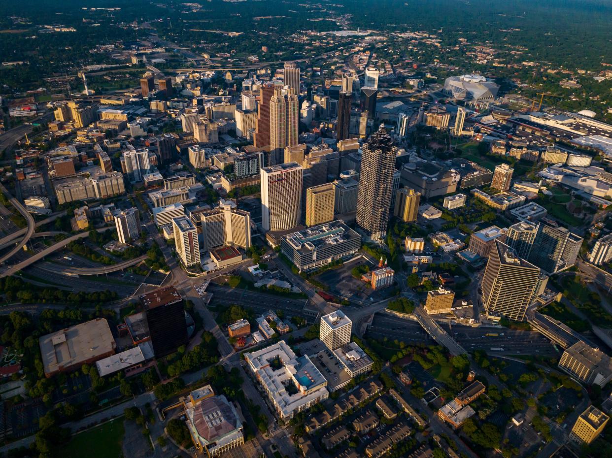 Aerial drone view of Atlanta Skyline, Georgia the peach state.