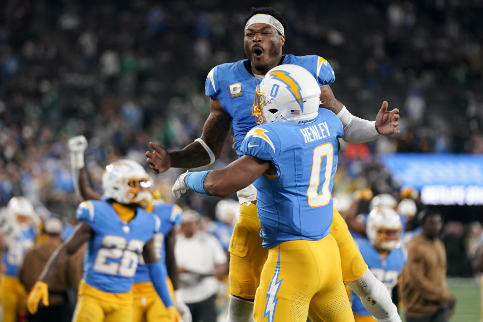The Los Angeles Chargers react after defeating the New York Jets in an NFL football game, Monday, Nov. 6, 2023, in East Rutherford, N.J. (AP Photo/Seth Wenig)