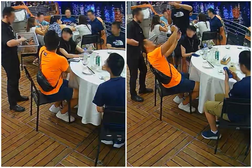 Restaurant operator Paradise Group releases screenshots from its CCTV footage showing its staff bringing the Alaskan king crab (left) to the group of customers, who took photos and selfies with it (right). (PHOTO: Facebook/Paradise Group) 