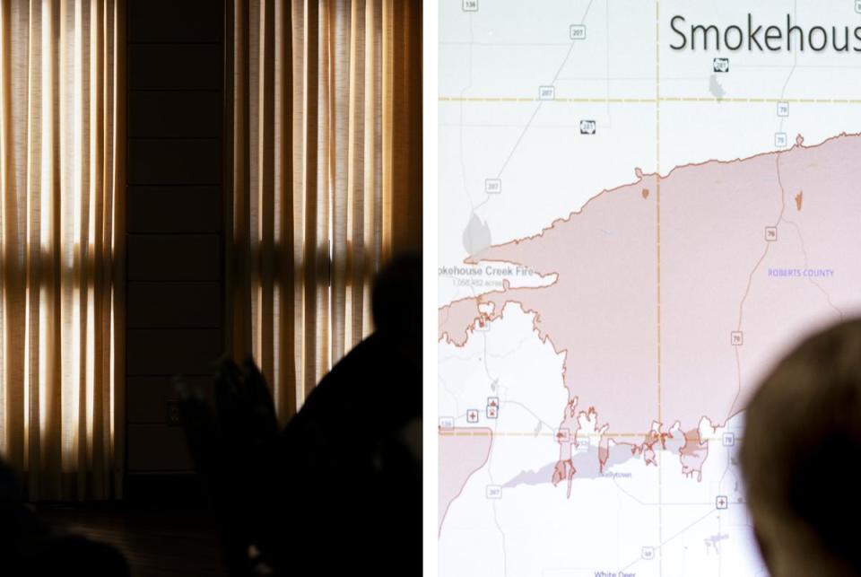 Left: A member of the public listens during an investigative house committee hearing on the Texas Panhandle wildfires on April 2, 2024 in Pampa. Right: Derrick Holdstock of Western Fire Resources presents a slideshow to the committee.