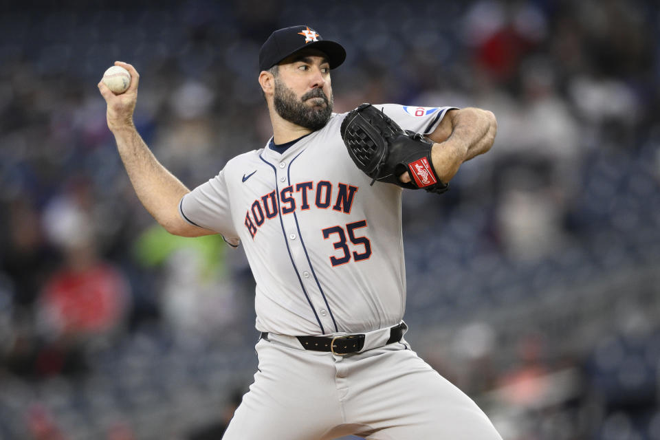 Houston Astros starting pitcher Justin Verlander throws to a Washington Nationals batter during the first inning of a baseball game Friday, April 19, 2024, in Washington. (AP Photo/Nick Wass)