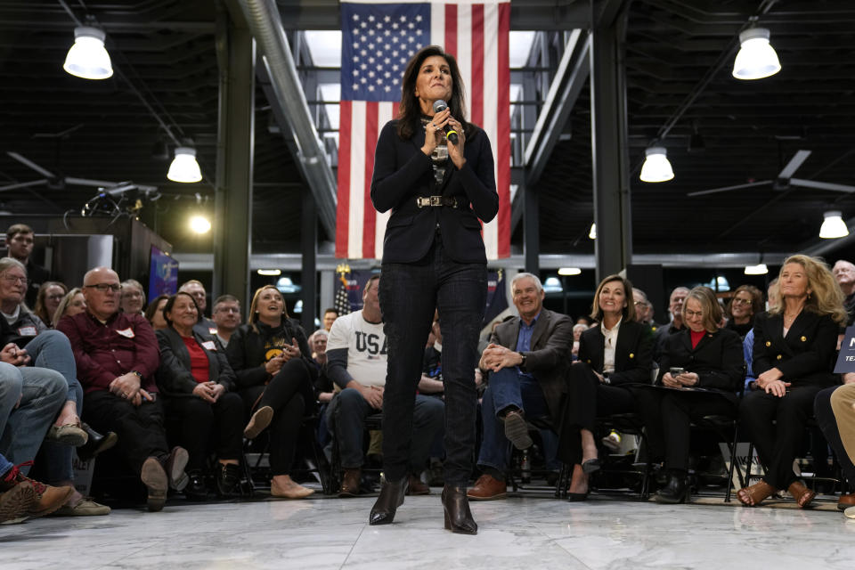 FILE - Republican presidential candidate Nikki Haley speaks to voters at a town hall campaign event, Monday, Feb. 20, 2023, in Urbandale, Iowa. (AP Photo/Charlie Neibergall, File)