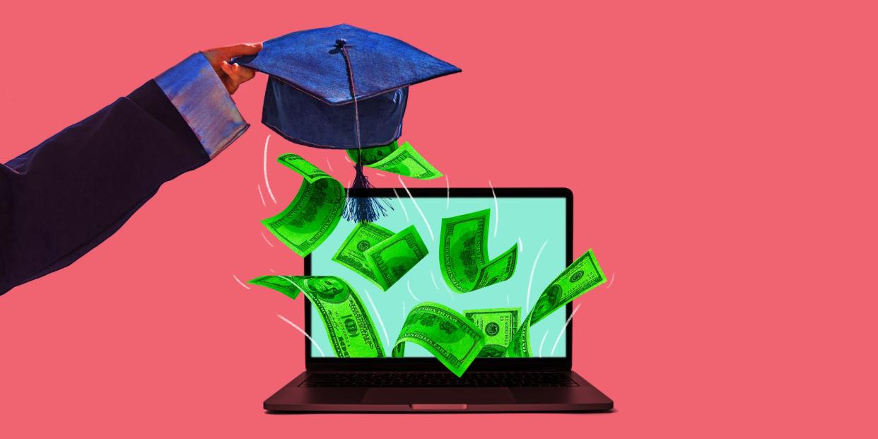 arm holding a graduation cap over a laptop that is sucking money out of the cap
