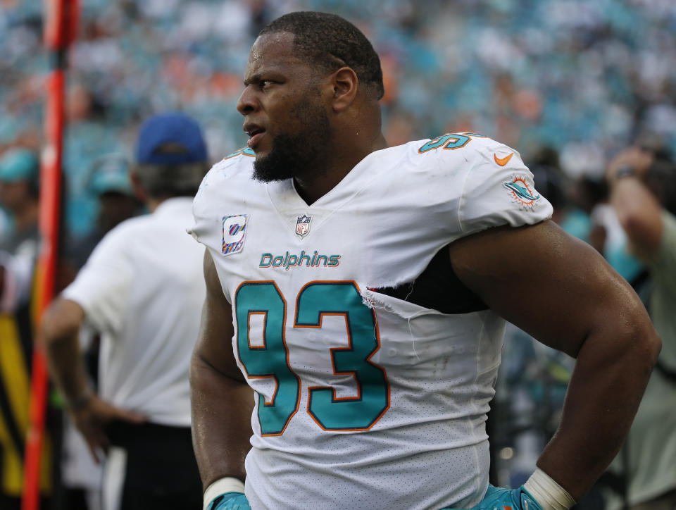 Miami Dolphins defensive tackle Ndamukong Suh had a few questionable plays against the Ravens. (AP)