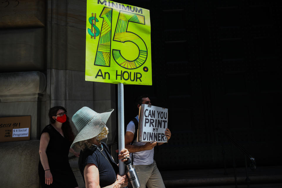 NEW YORK, USA - JULY 20: A group of BLM demonstrators protest the Federal Reserve Bank about $15 minimum wage in NYC to solidarity nationwide in Lower Manhattan at the financial district in New York, United States on July 20, 2020. (Photo by Tayfun Coskun/Anadolu Agency via Getty Images)