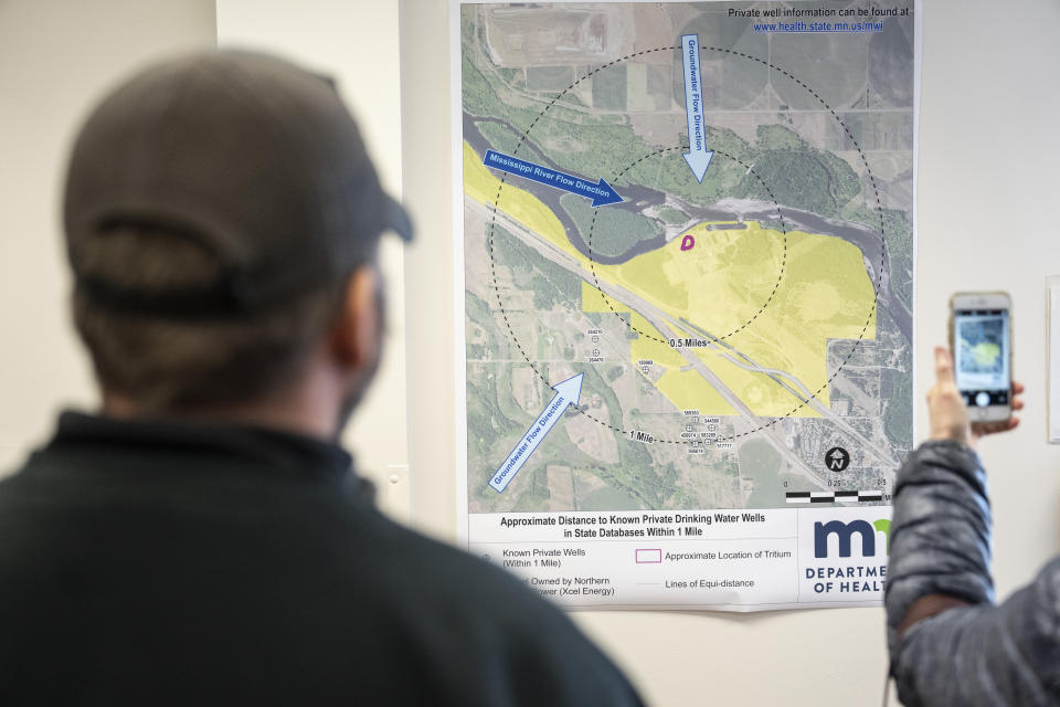 The Minnesota Department of Heath answers questions after recent reports of leaks at the local nuclear power plant about safety to residents at a community meeting in Monticello, Minn., on Friday, March 24, 2023. A leak of what was believed to be hundreds of gallons of water containing tritium was discovered this week from a temporary fix at the Monticello Nuclear Generating Plant, where 400,000 gallons (1.5 million liters) of water with tritium leaked in November, Xcel Energy said in a statement Thursday. (Renee Jones Schneider /Star Tribune via AP)