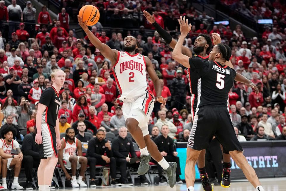 Ohio State guard Bruce Thornton drives to the basket during the second half of the Buckeyes' loss to Georgia in the NIT quarterfinals.