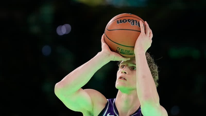 Utah Jazz's Lauri Markkanen shoots during the 3-point contest at the NBA basketball All-Star weekend, Saturday, Feb. 17, 2024, in Indianapolis.