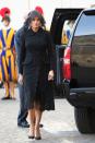 <p>FLOTUS wore a <a rel="nofollow noopener" href="https://www.townandcountrymag.com/style/fashion-trends/g9923727/pope-dress-code-presidents-royals/" target="_blank" data-ylk="slk:very traditional Vatican ensemble;elm:context_link;itc:0;sec:content-canvas" class="link ">very traditional Vatican ensemble</a> to meet with the Pope: a modest black dress and a black lace veil by Italian designer Dolce & Gabbana. </p>