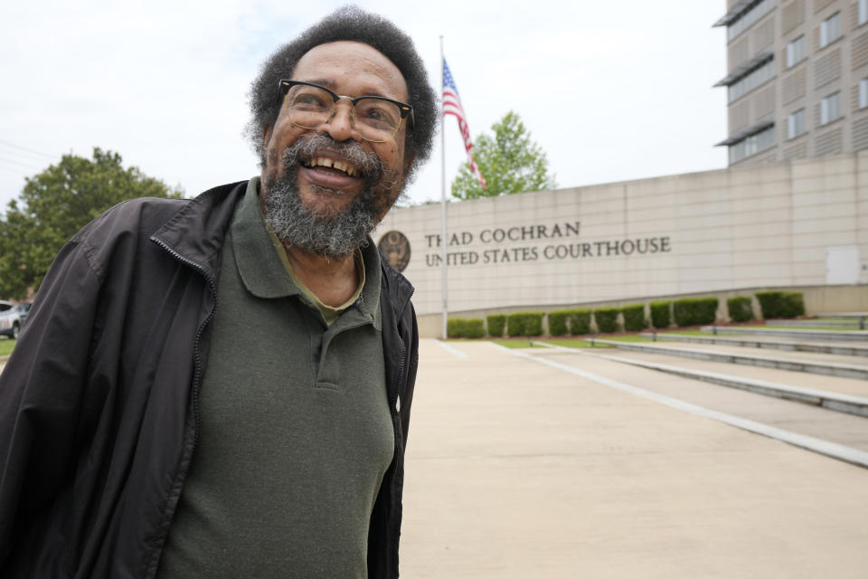 Civil rights activist and Jackson resident Frank Figgers, prepares to enter the Thad Cochran United States Courthouse in Jackson, Miss., Monday, May 22, 2023, for the first day in federal court where a judge is hearing arguments about a Mississippi law that would create a court system with judges who would be appointed rather than elected. (AP Photo/Rogelio V. Solis)