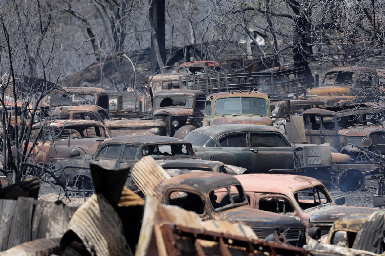 Vintage vehicles that were burned in the Park Fire are seen near Chico, California, July 26, 2024. / Credit: Reuters/Fred Greaves