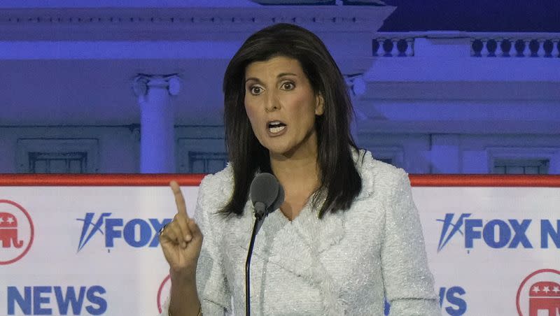 Former U.N. Ambassador Nikki Haley speaks during a Republican presidential primary debate hosted by Fox News Channel on Wednesday, Aug. 23, 2023, in Milwaukee.