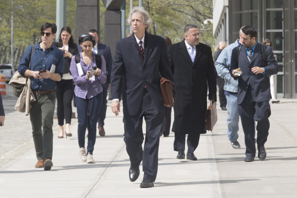 J. Michael Dowling, attorney for Najibullah Zazi, leaves Brooklyn Federal court after his sentencing, Thursday, May 2, 2019, in New York. Zazi who plotted to bomb New York City's subways and then switched sides and helped the U.S. prosecute terrorists after his arrest has been sentenced to 10 years in prison. (AP Photo/Mary Altaffer)