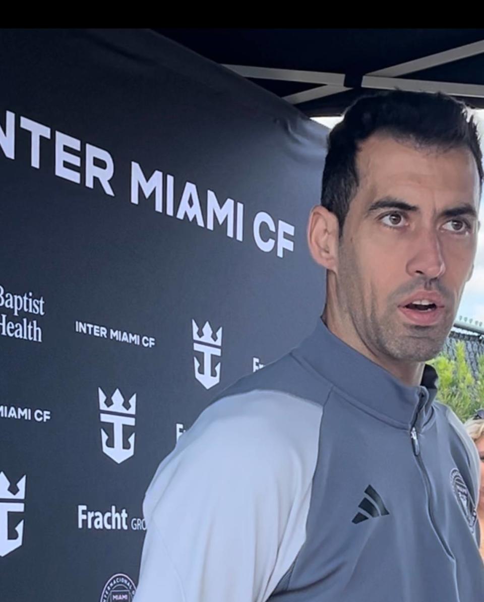 Inter Miami midfielder Sergio Busquets speaks to the media before practice on Feb. 28, 2024