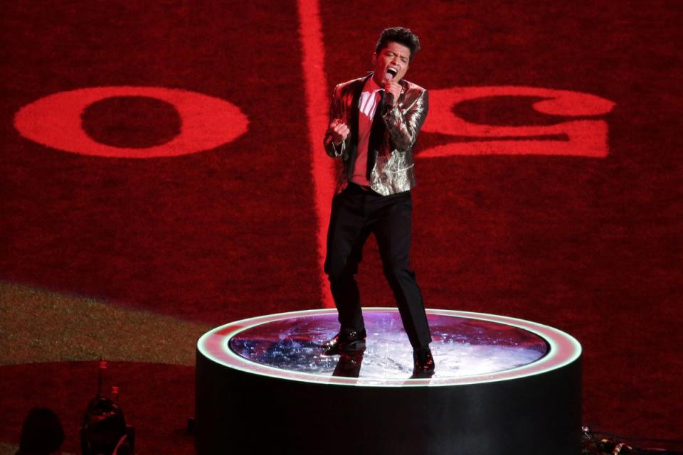 Bruno Mars: Bruno Mars performs during the halftime show of the NFL Super Bowl XLVIII football game in East Rutherford, N.J IN 2014 (Charlie Riedel/AP)