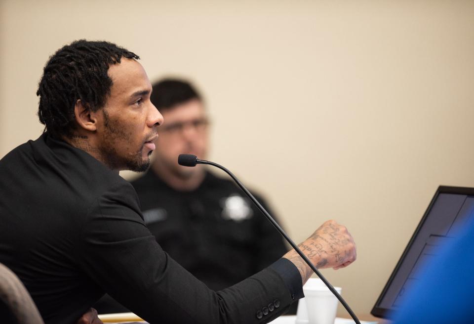 Anthony Anderson, Jr., 29, addresses Circuit Court Judge James Jamo, Thursday, April 18, 2024, during his murder and assault trial at Veteran's Memorial Courthouse in Lansing. Anderson is on trial for the Dec. 31, 2022 murder of Curshawn "Kaz" Terrell at 51 Sessions recording studio.