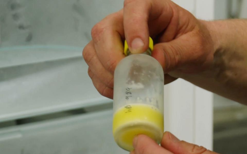 An image of a pair of hands holding a small glass bottle with a frozen yellow substance at the bottom.