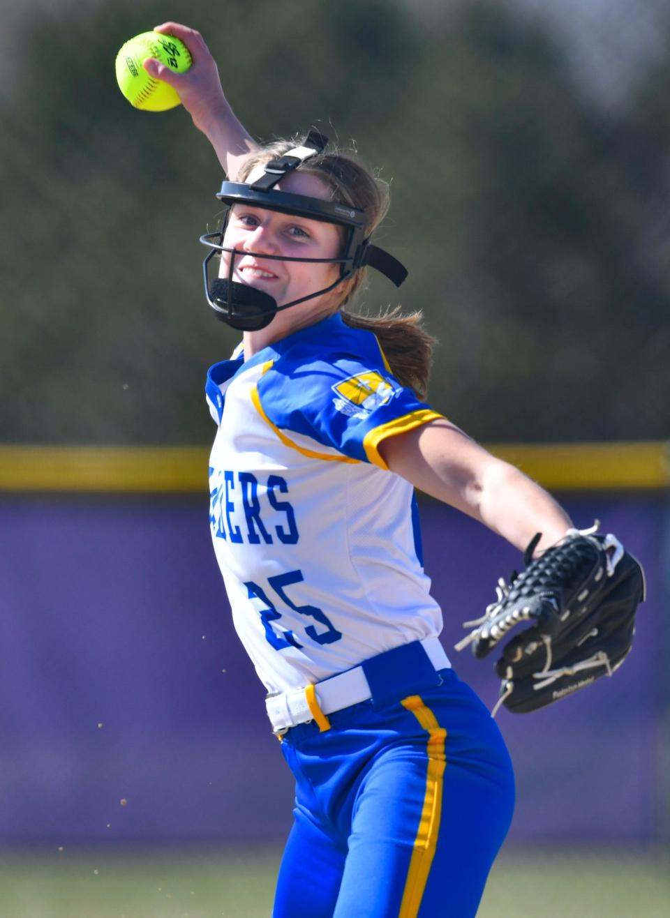 Ella Voit of Cathedral pitches in the second inning during the first game of the doubleheader Tuesday, May 3, 2022, at Albany High School. 