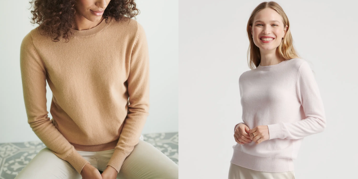 two women wearing crewneck long sleeve cashmere sweaters