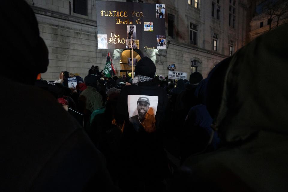 Participants in a rally for Najee Seabrooks outside of Paterson City Hall on Tuesday, March 7, 2023. Najee Seabrooks, a member of the violence intervention group the Paterson Healing Collective, was fatally shot by Paterson police  after a standoff while he was barricaded inside his home.