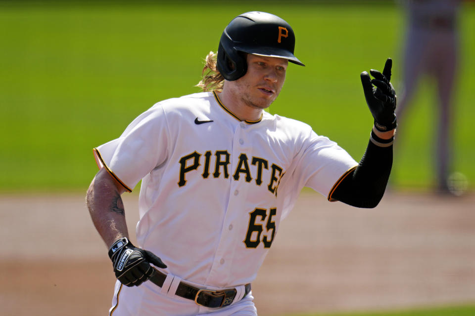 Pittsburgh Pirates' Jack Suwinski rounds third after hitting a solo home run off Washington Nationals starting pitcher Josiah Gray during the second inning of a baseball game in Pittsburgh, Thursday, Sept. 14, 2023. (AP Photo/Gene J. Puskar)