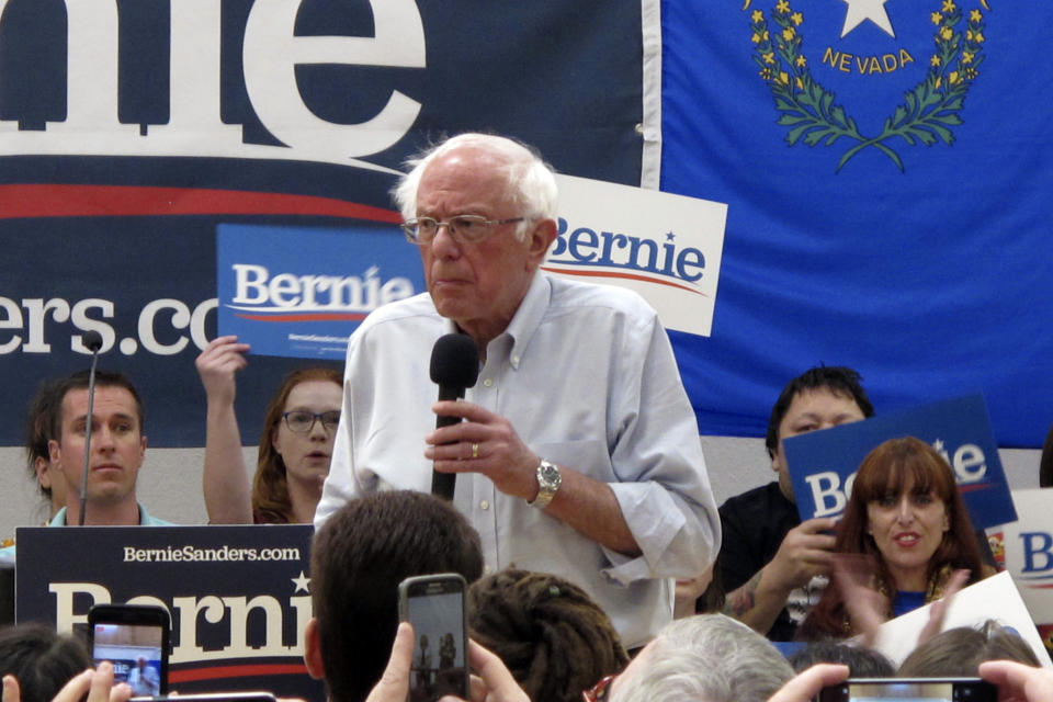 FILE - In this Sept. 13, 2019, file photo Democratic presidential candidate Sen. Bernie Sanders, I-Vt., speaks at a town hall meeting at the Carson City Convention Center in Carson City, Nev. (AP Photo/Scott Sonner, File)