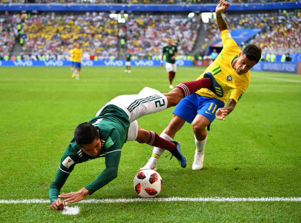 <p>Mexico’s Hugo Ayala in action with Brazil’s Philippe Coutinho REUTERS/Dylan Martinez </p>